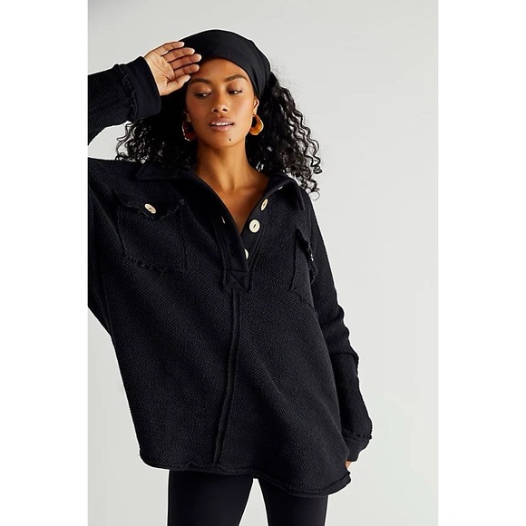 Free People FP Beach Rowan Textured Pullover Sz S Black Oversized - Picture 1 of 14